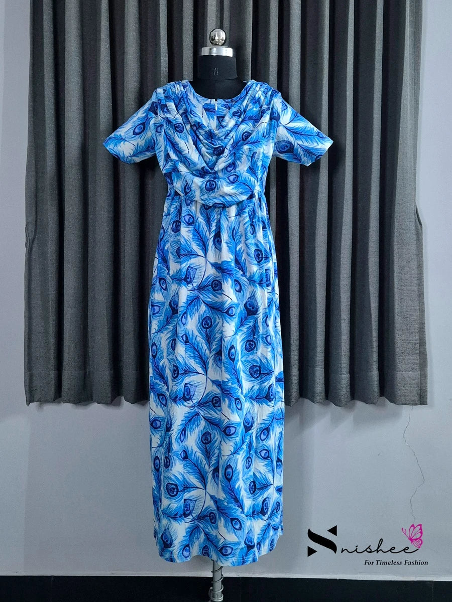 Blue Feather - Shawl Maxi with Saree Style Drape - Full Length - Plus Size