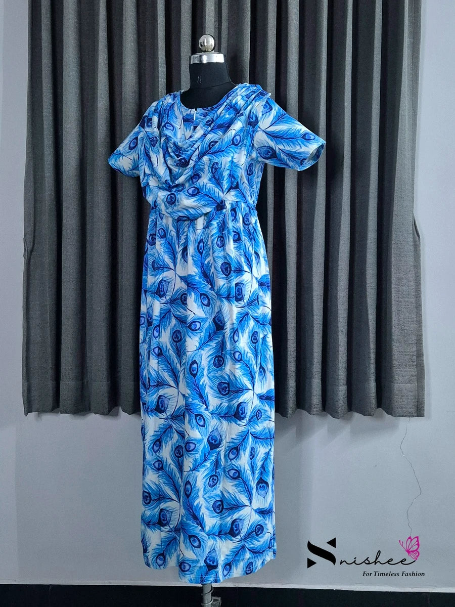 Blue Feather - Shawl Maxi with Saree Style Drape - Full Length - Plus Size