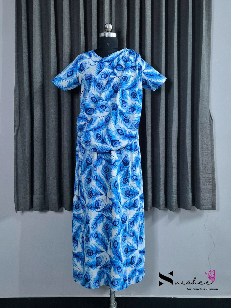 Blue Feather - Shawl Maxi with Saree Style Drape - Full Length - Plus Size