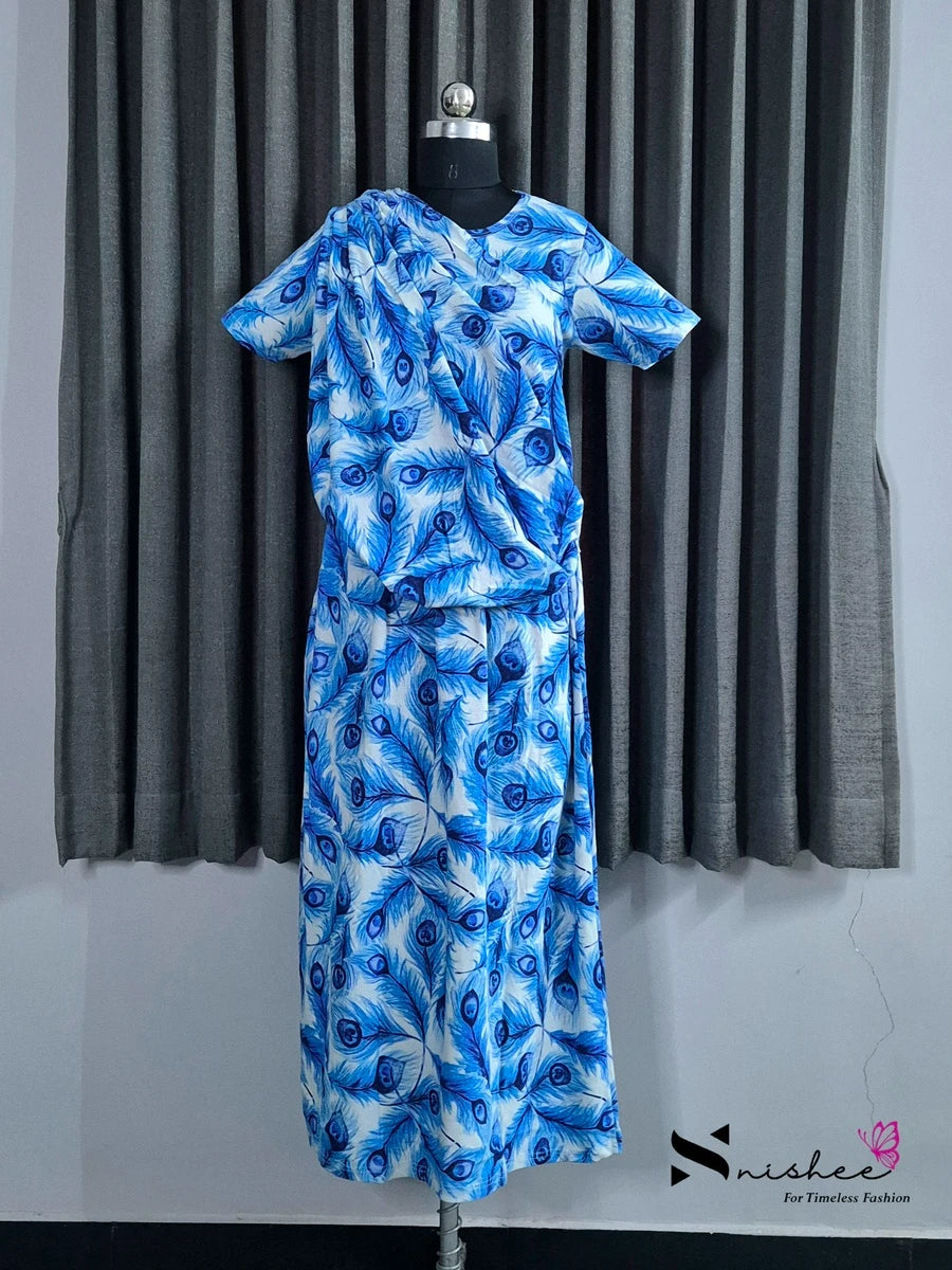 Blue Feather - Shawl Maxi with Saree Style Drape - Full Length - Plus Size