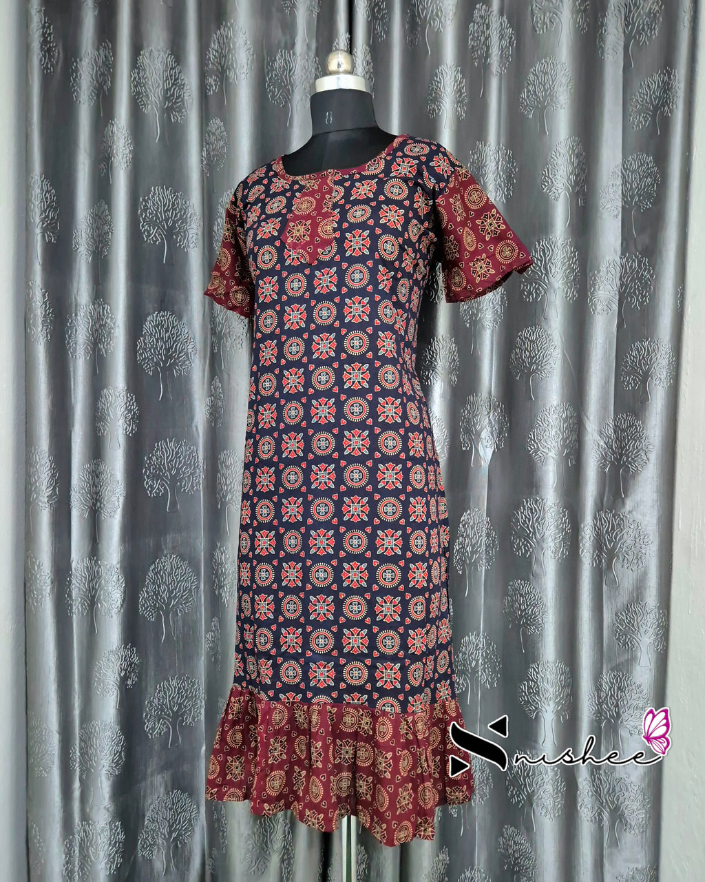Maroon/ Blue Ajrak Print Frock Nighty