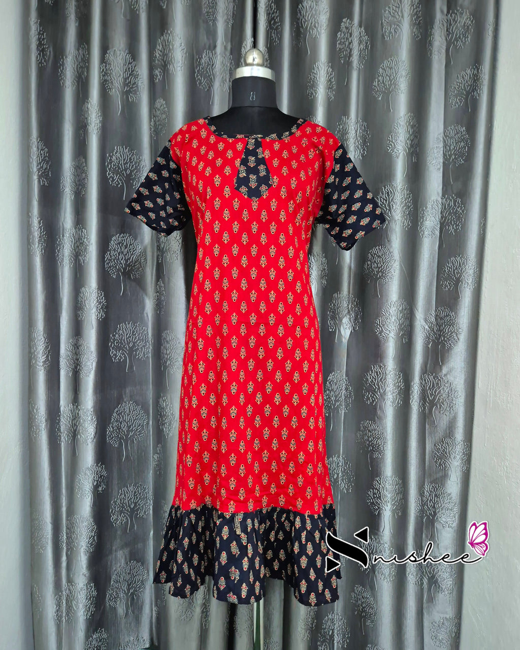 Red/ Black Ajrak Print Frock Nighty