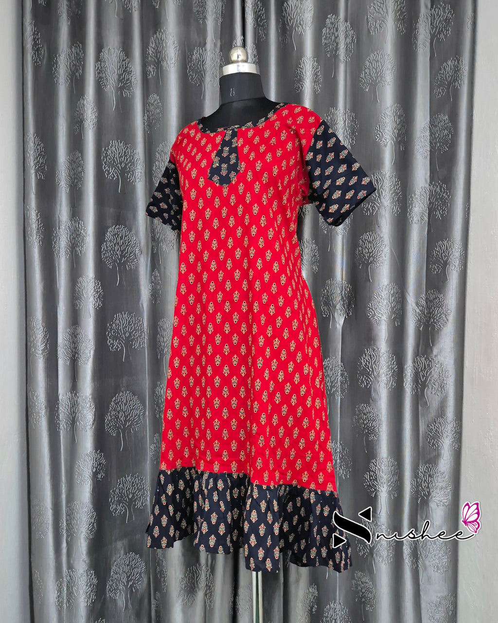 Red/ Black Ajrak Print Frock Nighty