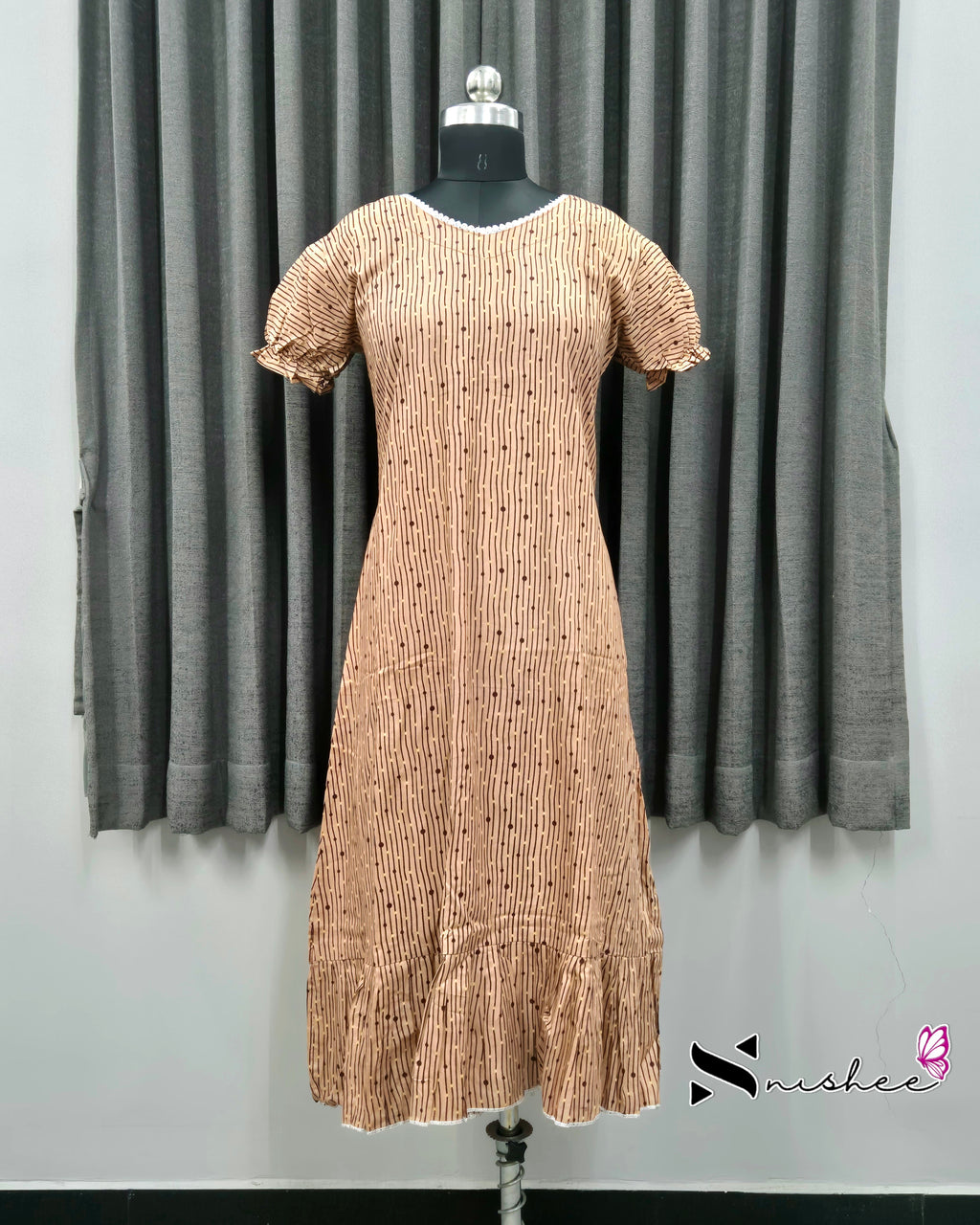 Beige Dotted Stripes Frock Nighty