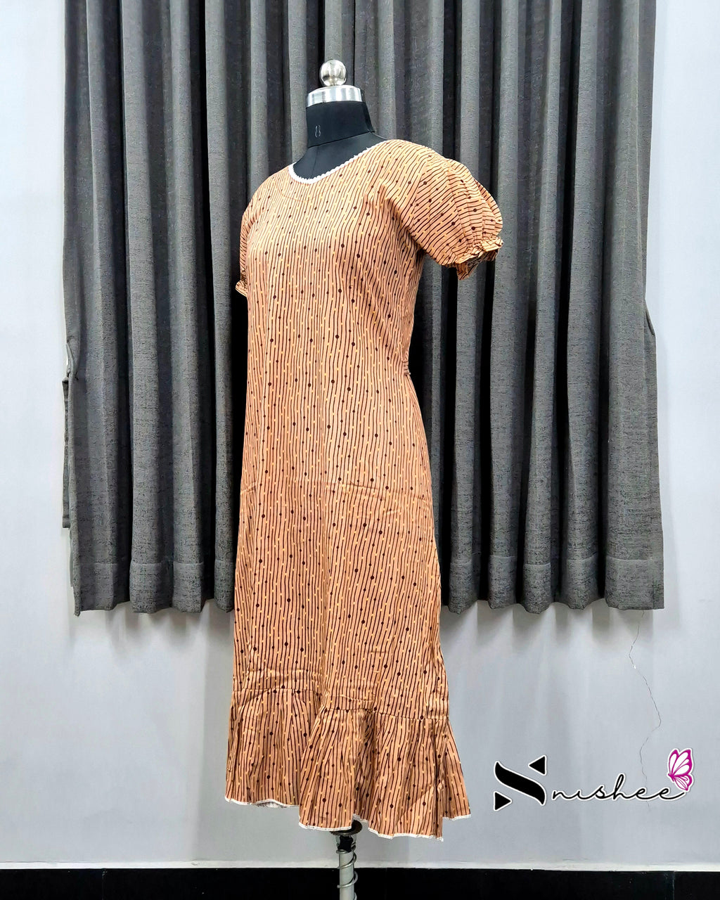 Beige Dotted Stripes Frock Nighty