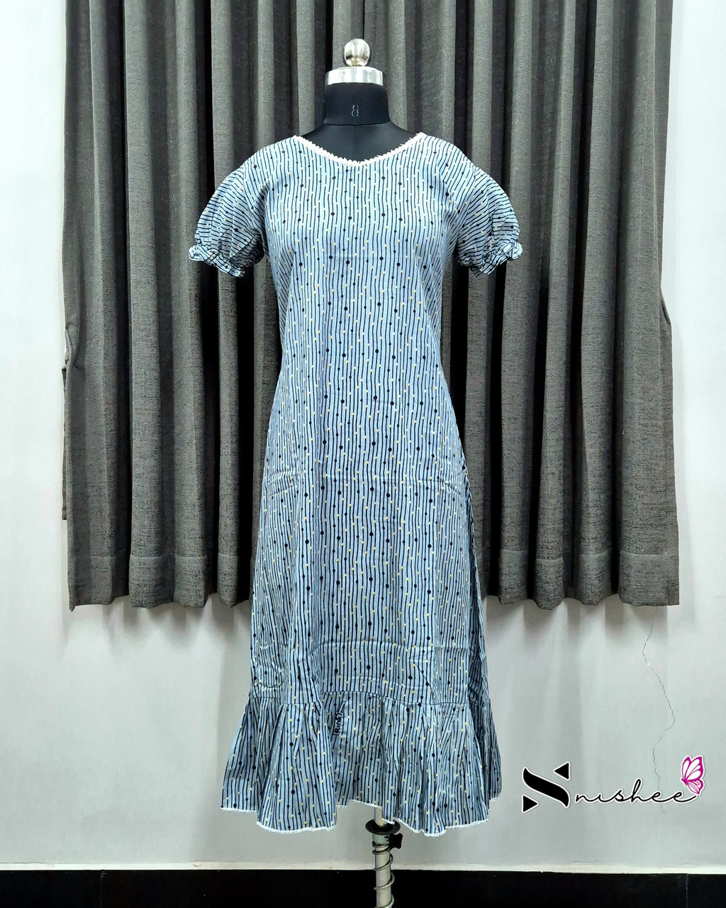 Grey Dotted Stripes Frock Nighty