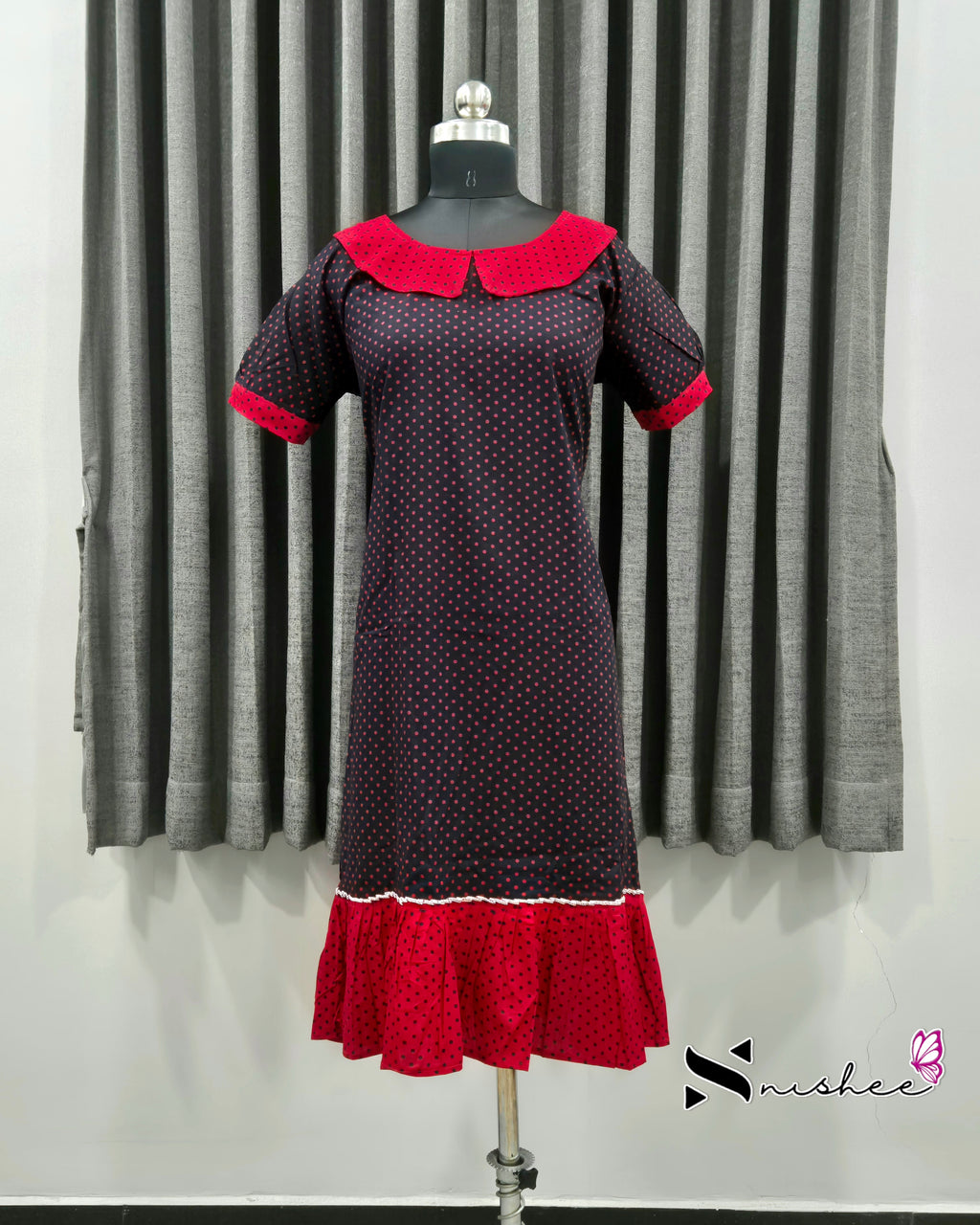 Navy Blue/ Red Dotted Frock Nighty with Peter Pan Collar