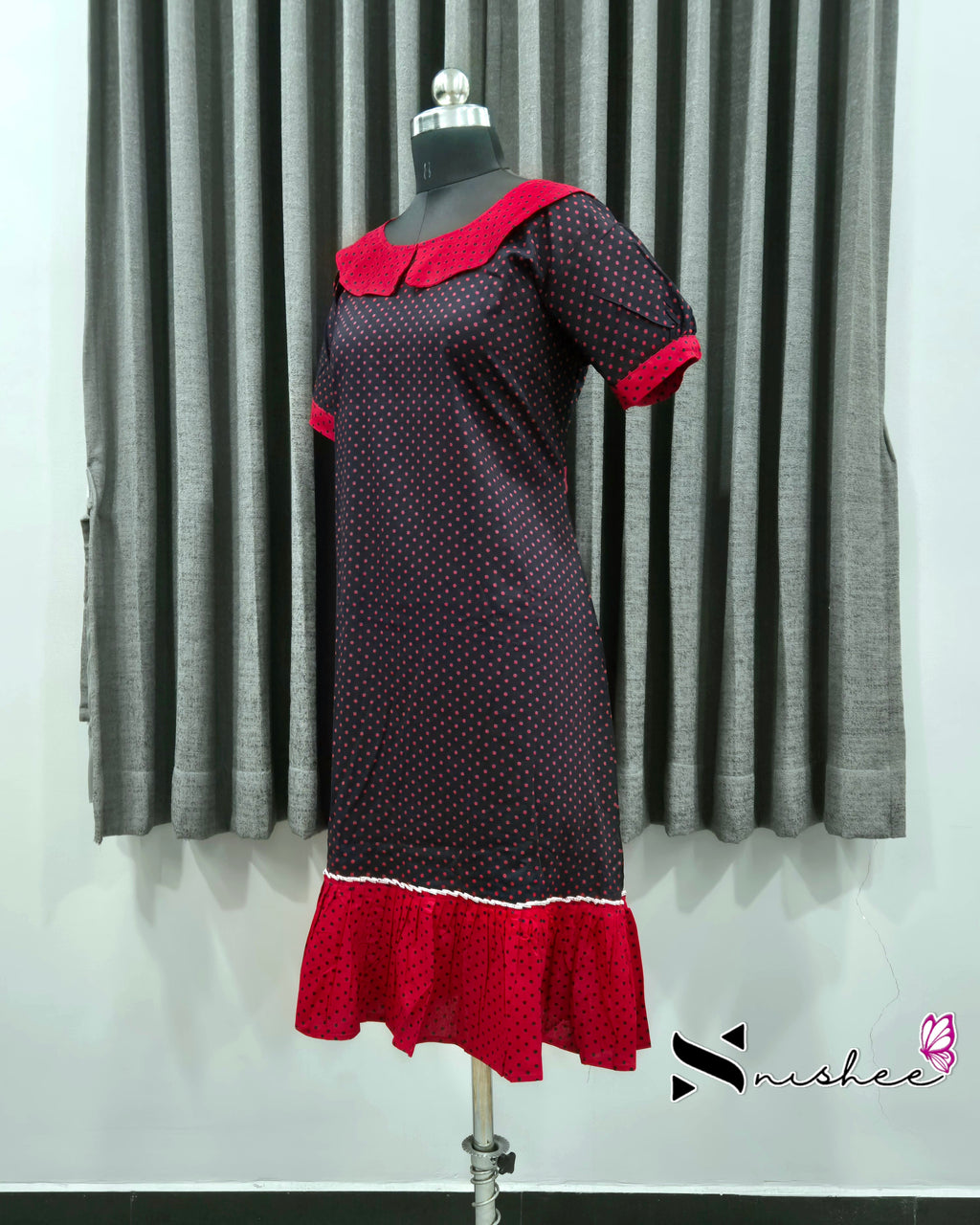 Navy Blue/ Red Dotted Frock Nighty with Peter Pan Collar