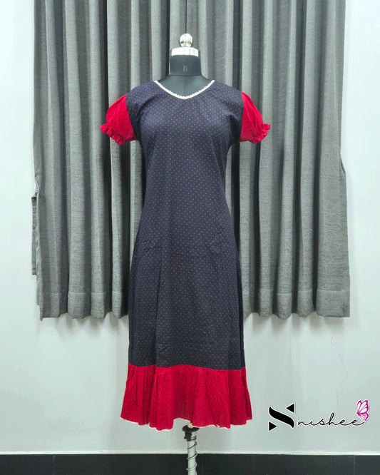 Navy Blue/ Red Dotted V Neck Frock Nighty