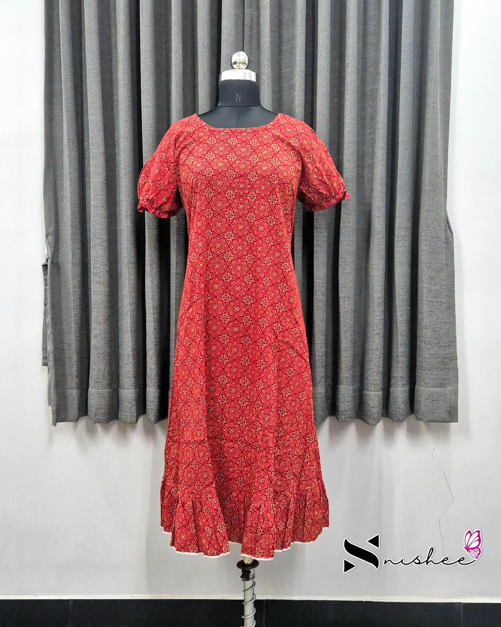 Red Ajrak Print Frock Nighty