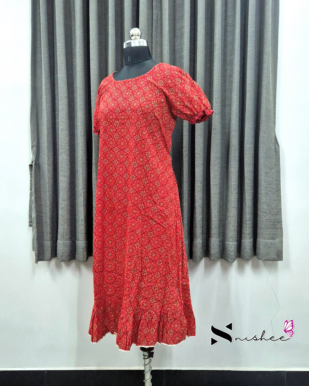 Red Ajrak Print Frock Nighty