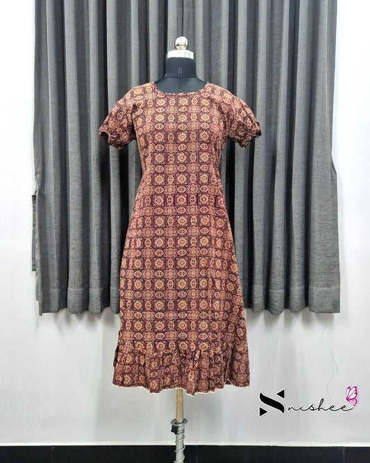 Maroon Ajrak Print Frock Nighty