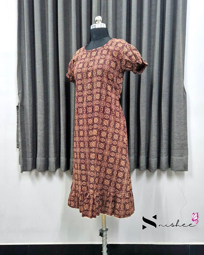 Maroon Ajrak Print Frock Nighty