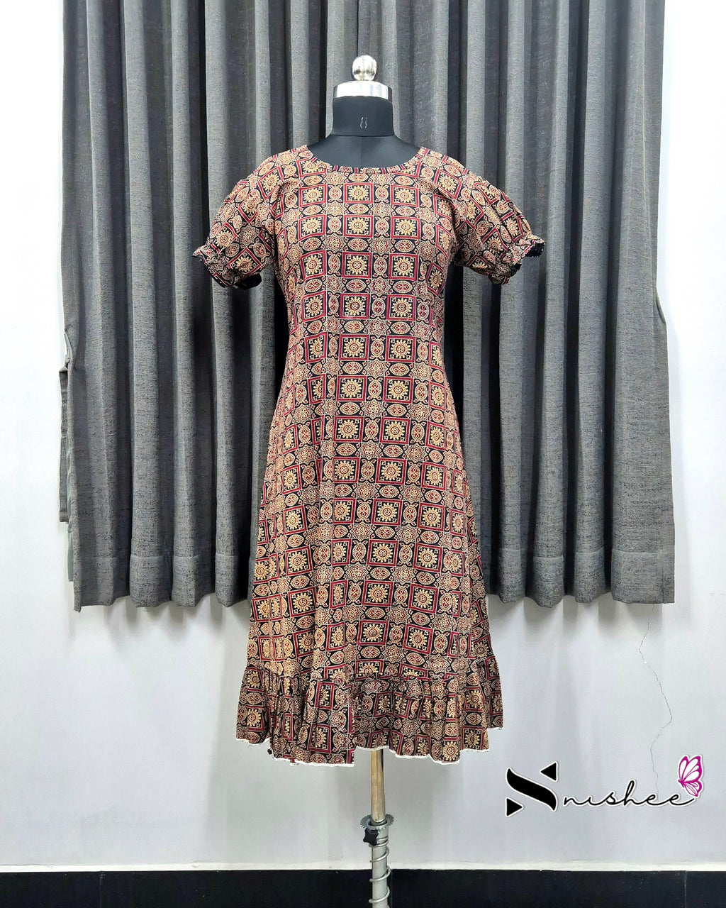 Navy Blue Ajrak Print Frock Nighty
