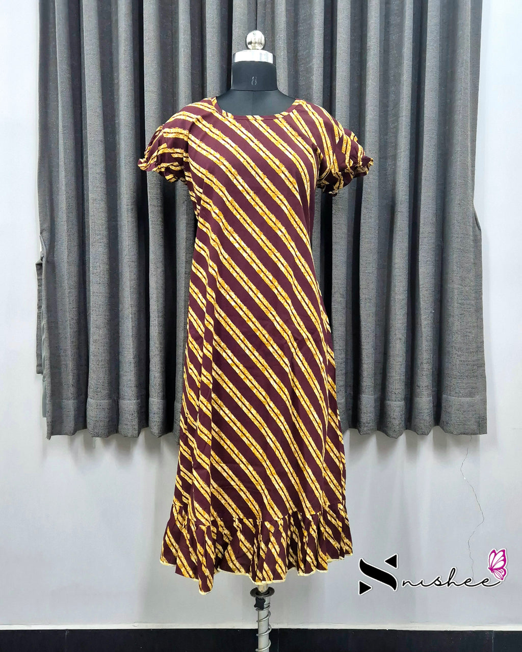 Maroon Diagonal Stripes Frock Nighty