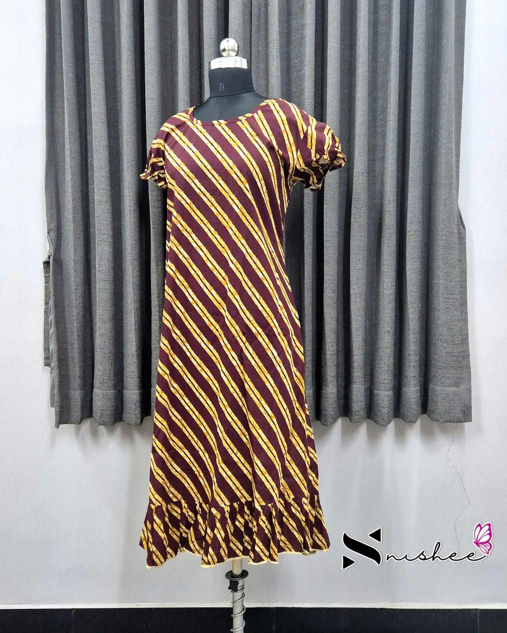 Maroon Diagonal Stripes Frock Nighty