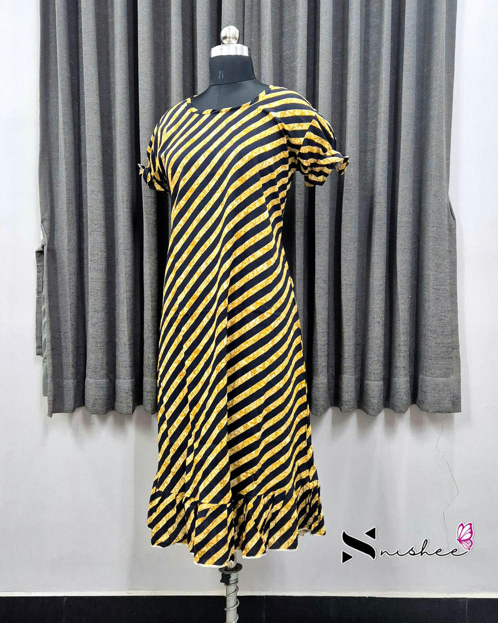 Navy Blue Diagonal Stripes Frock Nighty