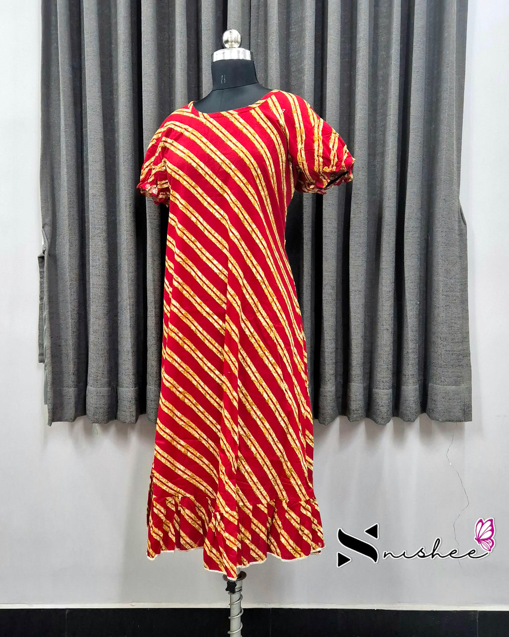 Red Diagonal Stripes Frock Nighty