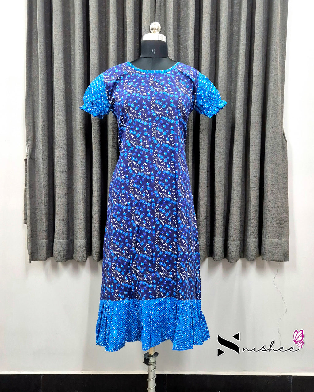 Navy Blue/ Sky Blue Floral Print Frock Nighty