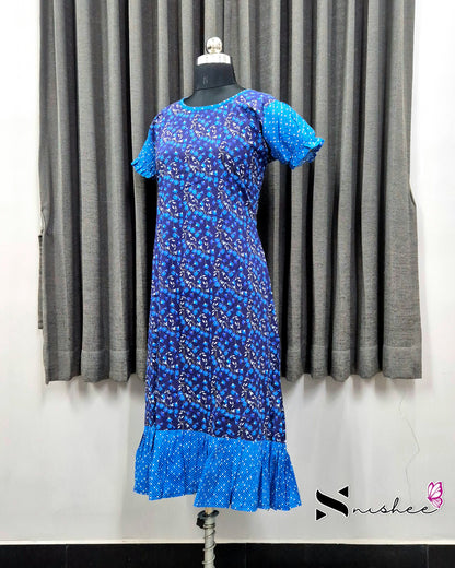 Navy Blue/ Sky Blue Floral Print Frock Nighty