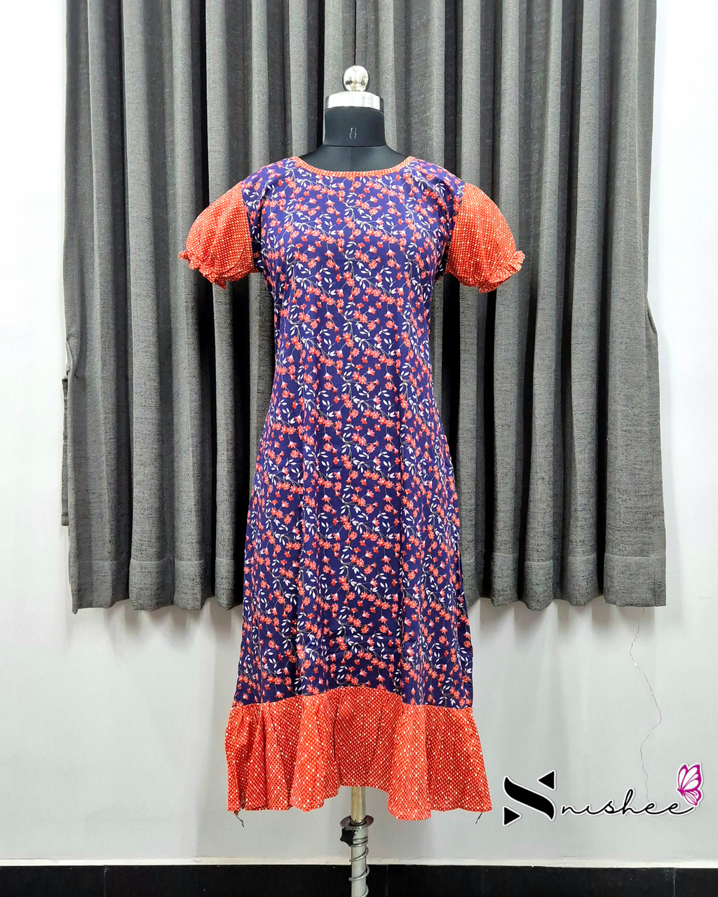 Navy Blue/ Orange Floral Print Frock Nighty