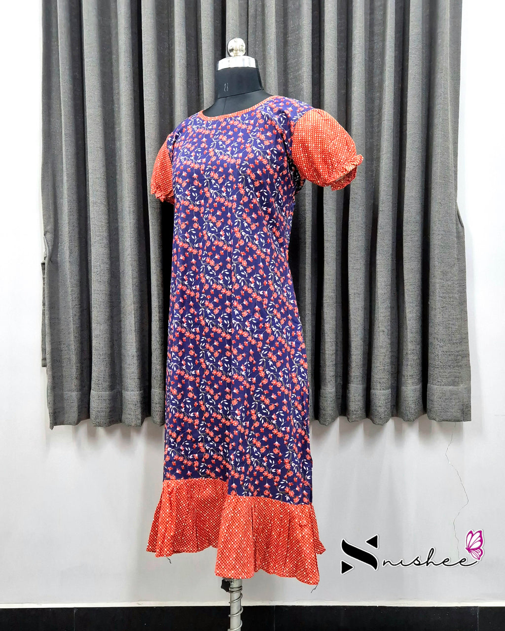Navy Blue/ Orange Floral Print Frock Nighty