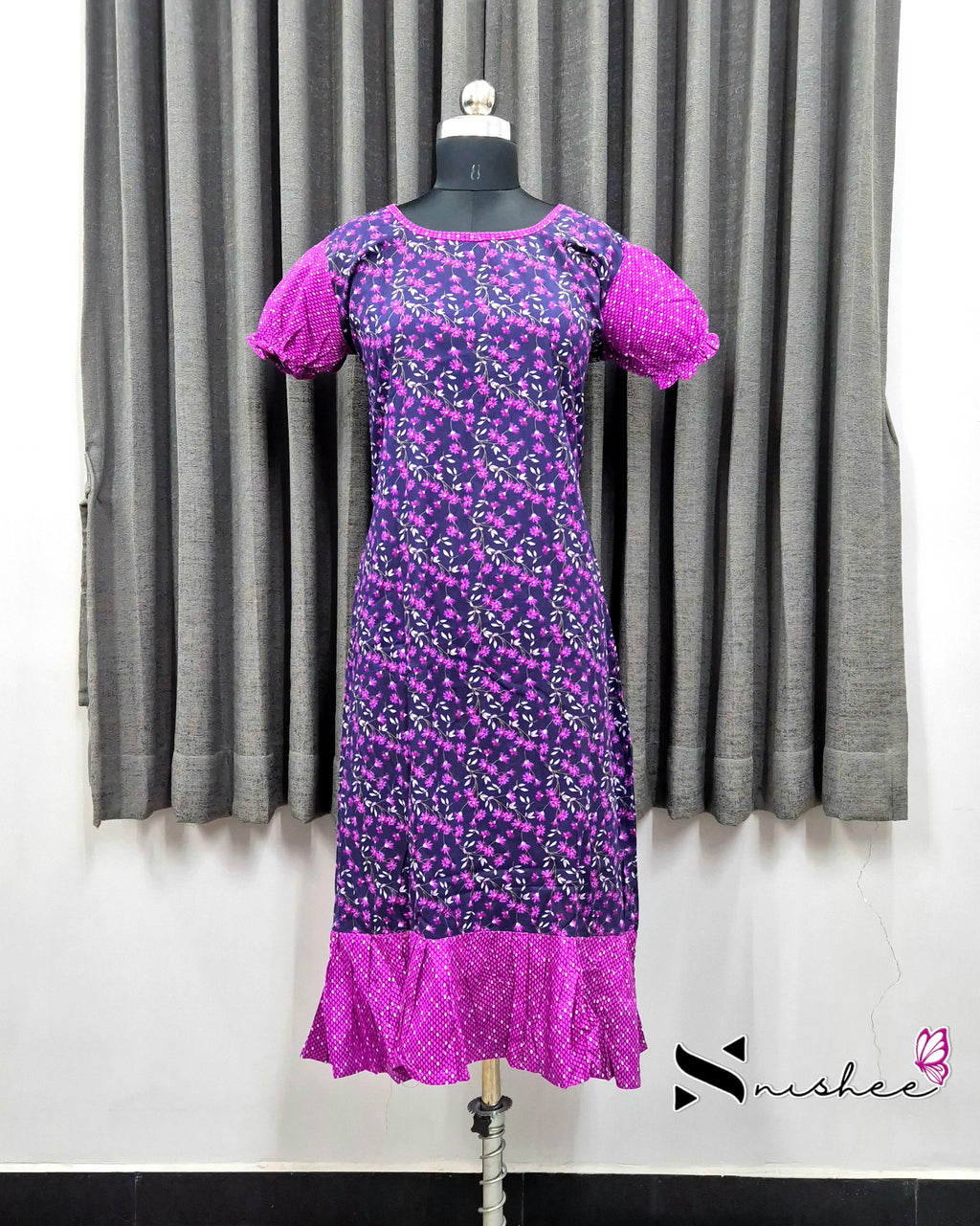 Navy Blue/ Pink Floral Print Frock Nighty