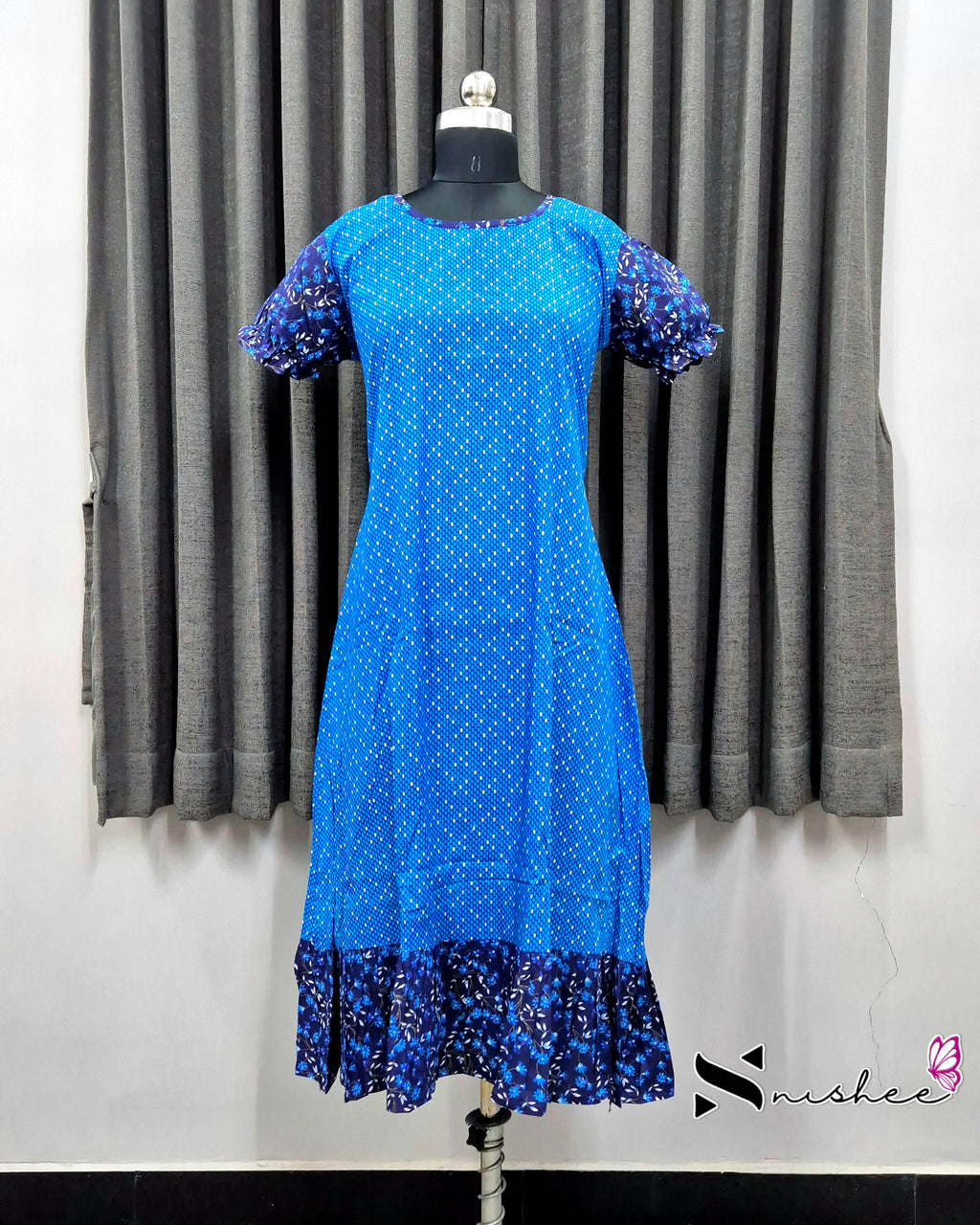 Sky Blue/ Navy Blue Floral Print Frock Nighty