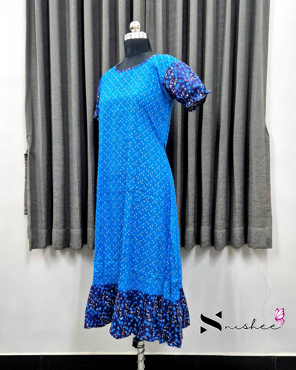 Sky Blue/ Navy Blue Floral Print Frock Nighty