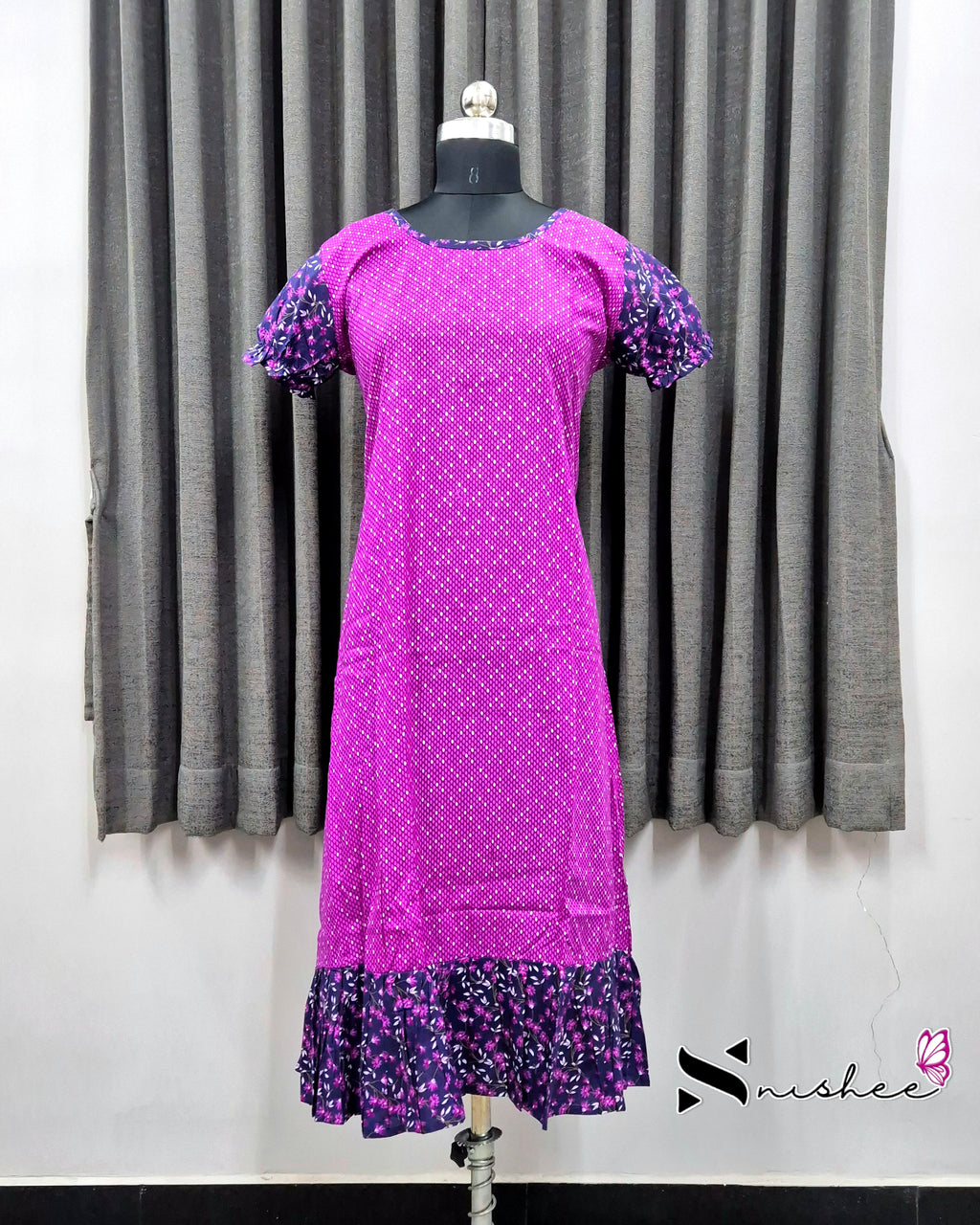 Pink/ Navy Blue Floral Print Frock Nighty