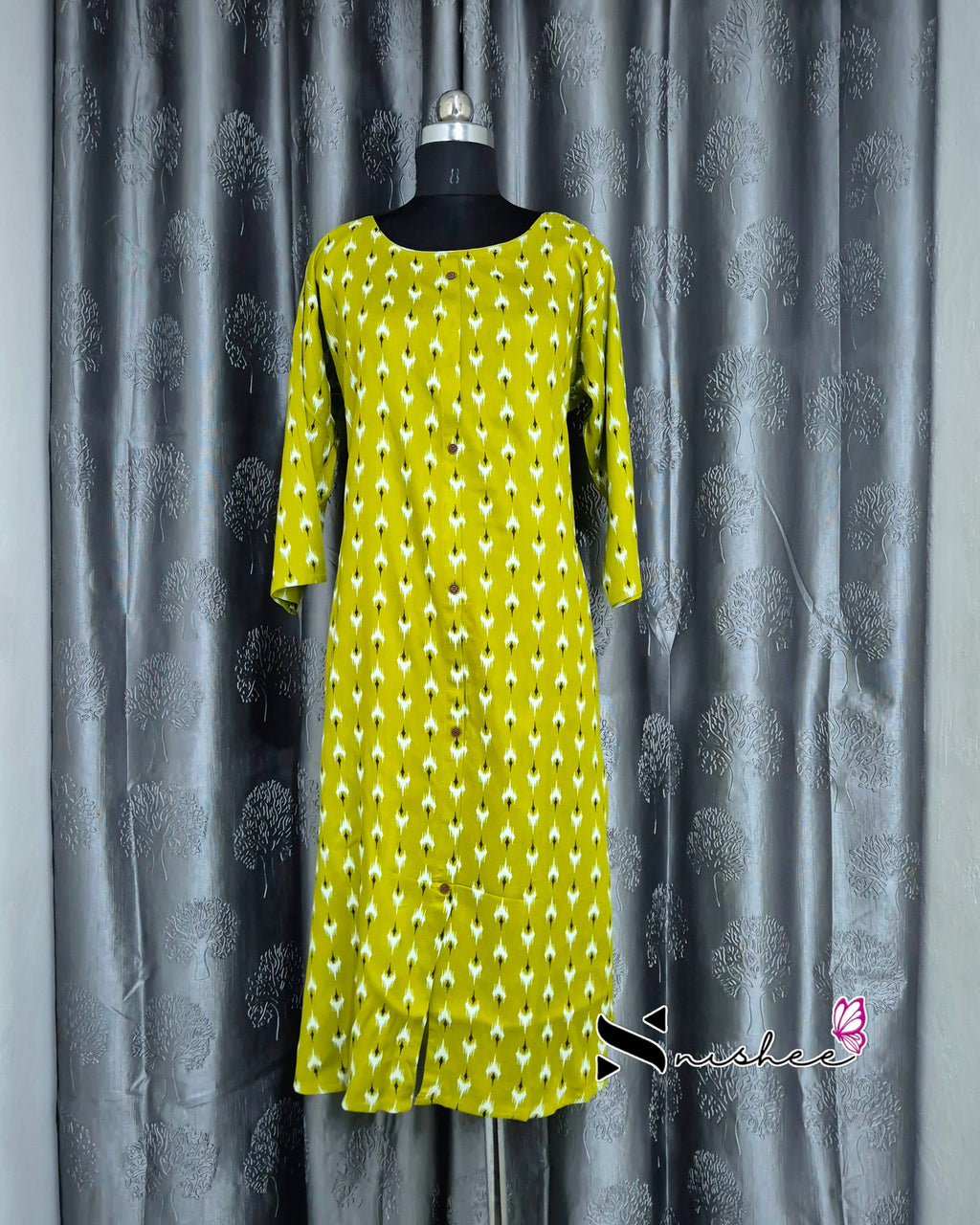 Lemon Green Motif A Line Plus Size Kurti