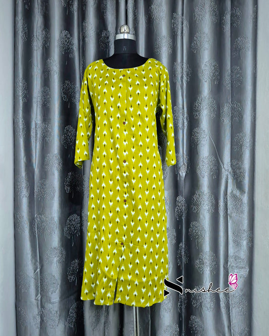 Lemon Green Motif A Line Plus Size Kurti