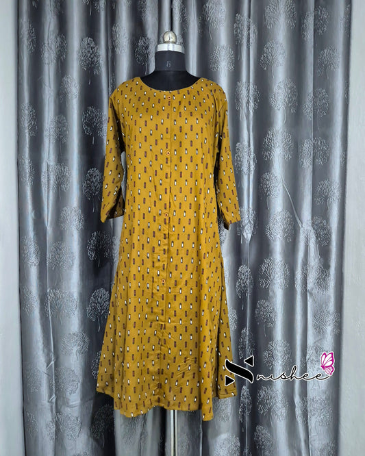 Golden Brown Ikat Print A Line Plus Size Kurti