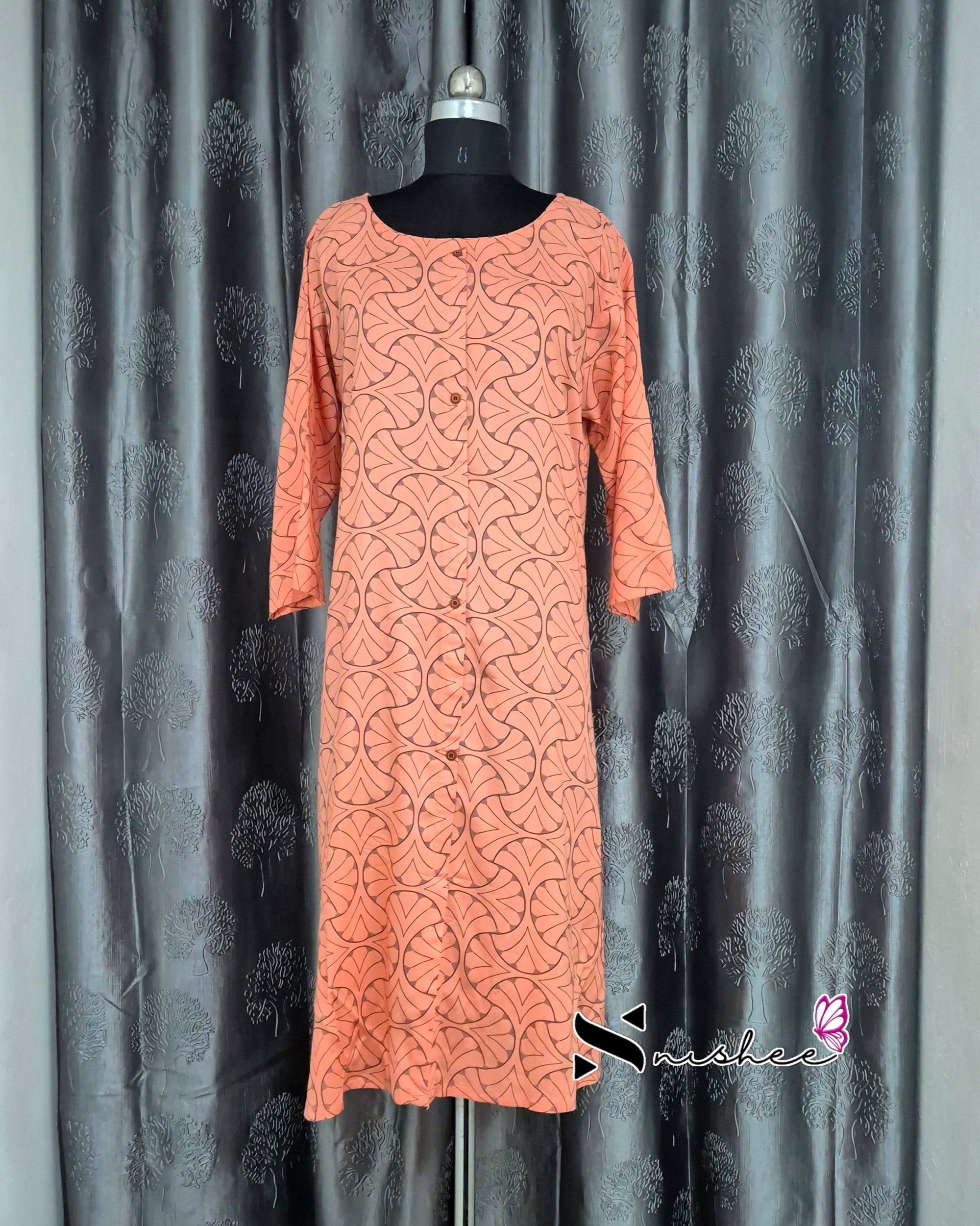 Peach Swirl Print A Line Plus Size Kurti