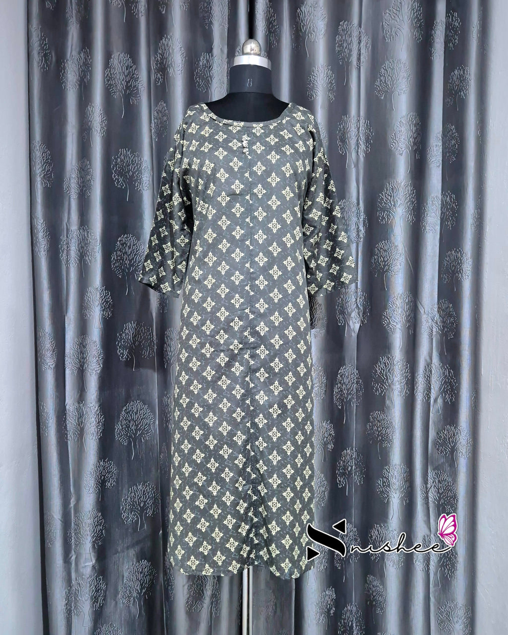 Grey Motif A Line Plus Size Kurti