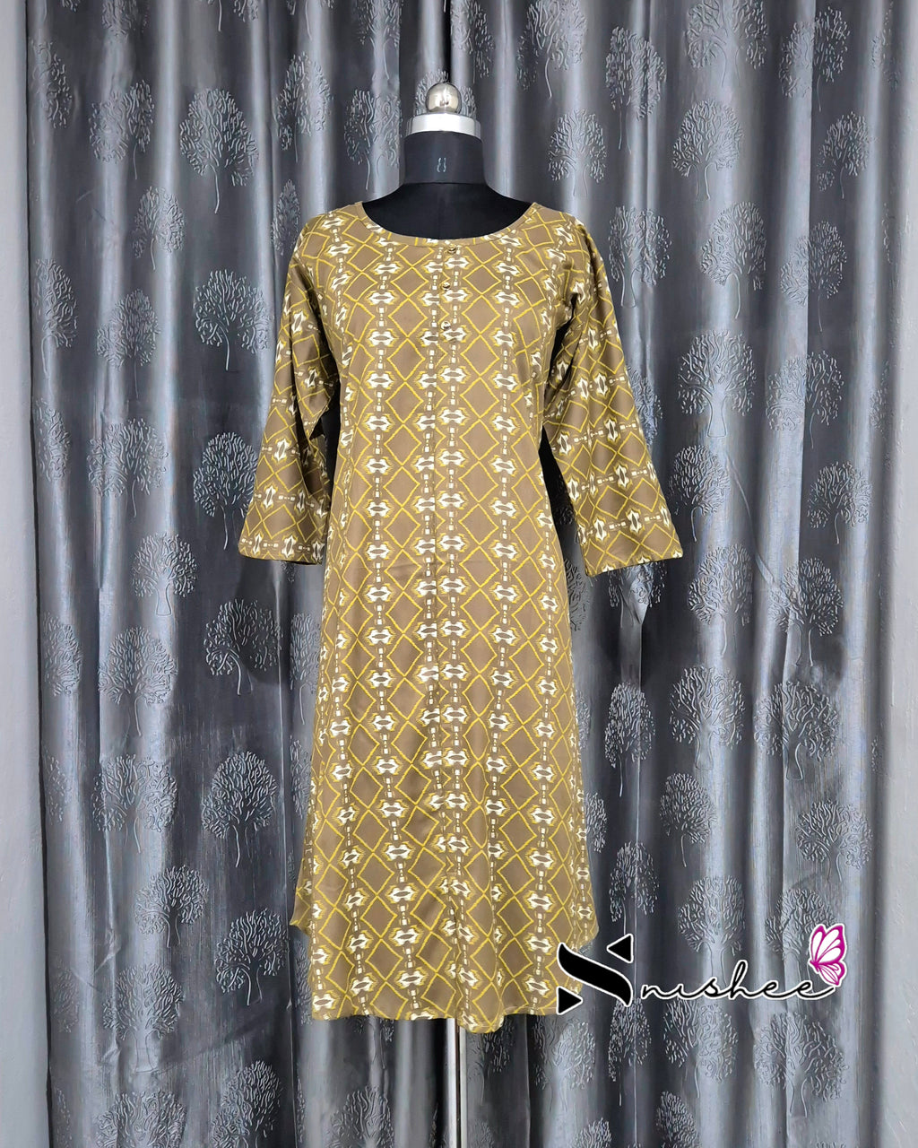 Golden Brown Diamond Print A Line Plus Size Kurti