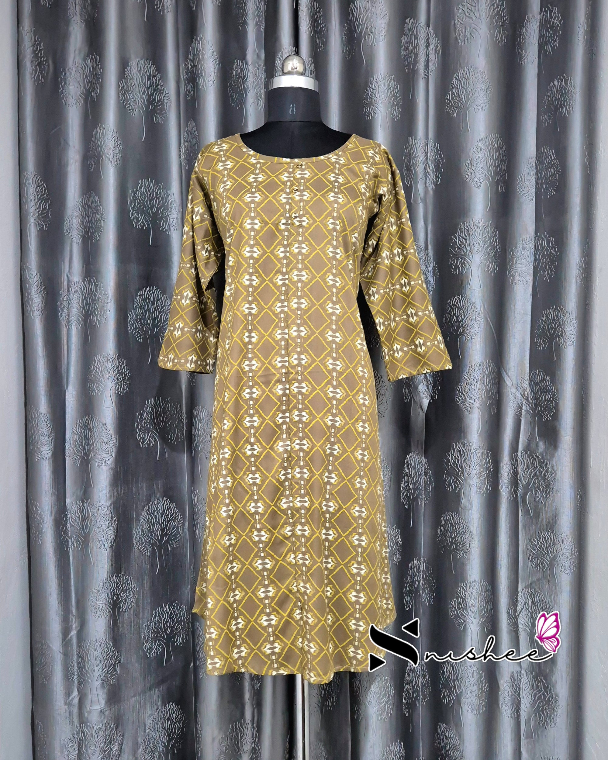 Golden Brown Diamond Print A Line Plus Size Kurti