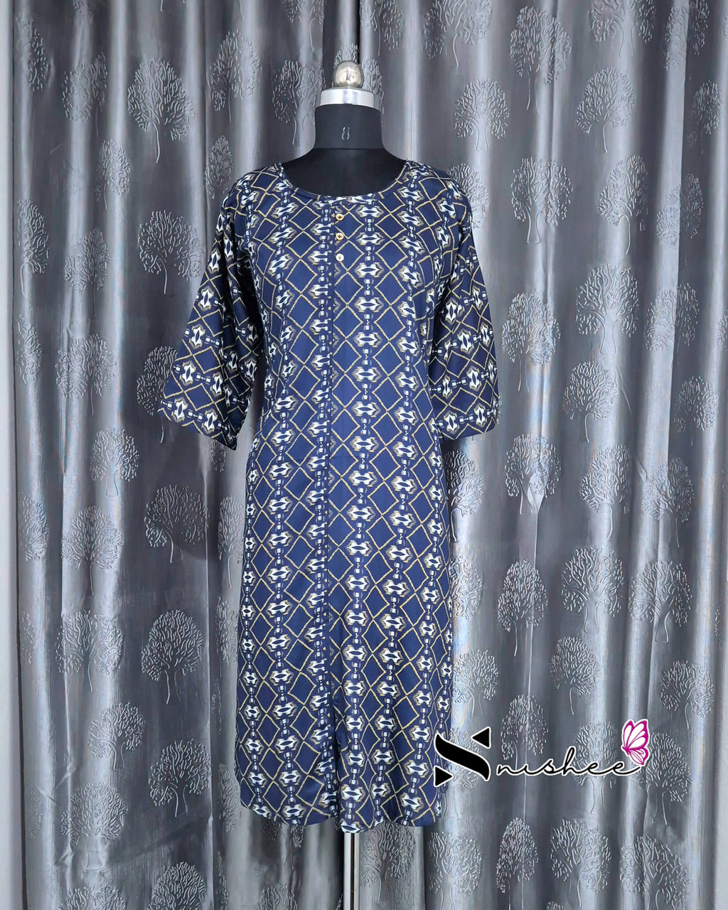 Navy Blue Diamond Print A Line Plus Size Kurti