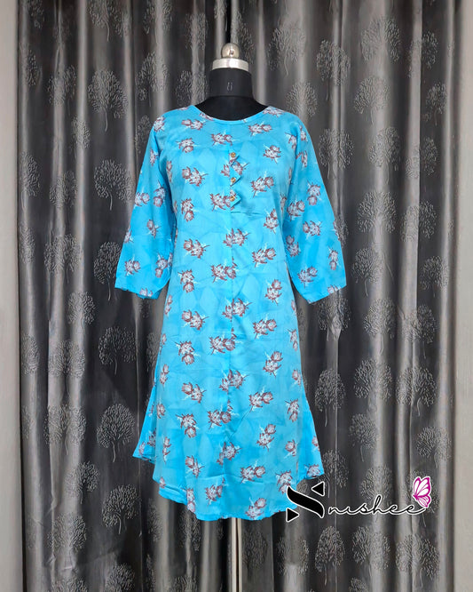 Sky Blue Floral A Line Plus Size Kurti