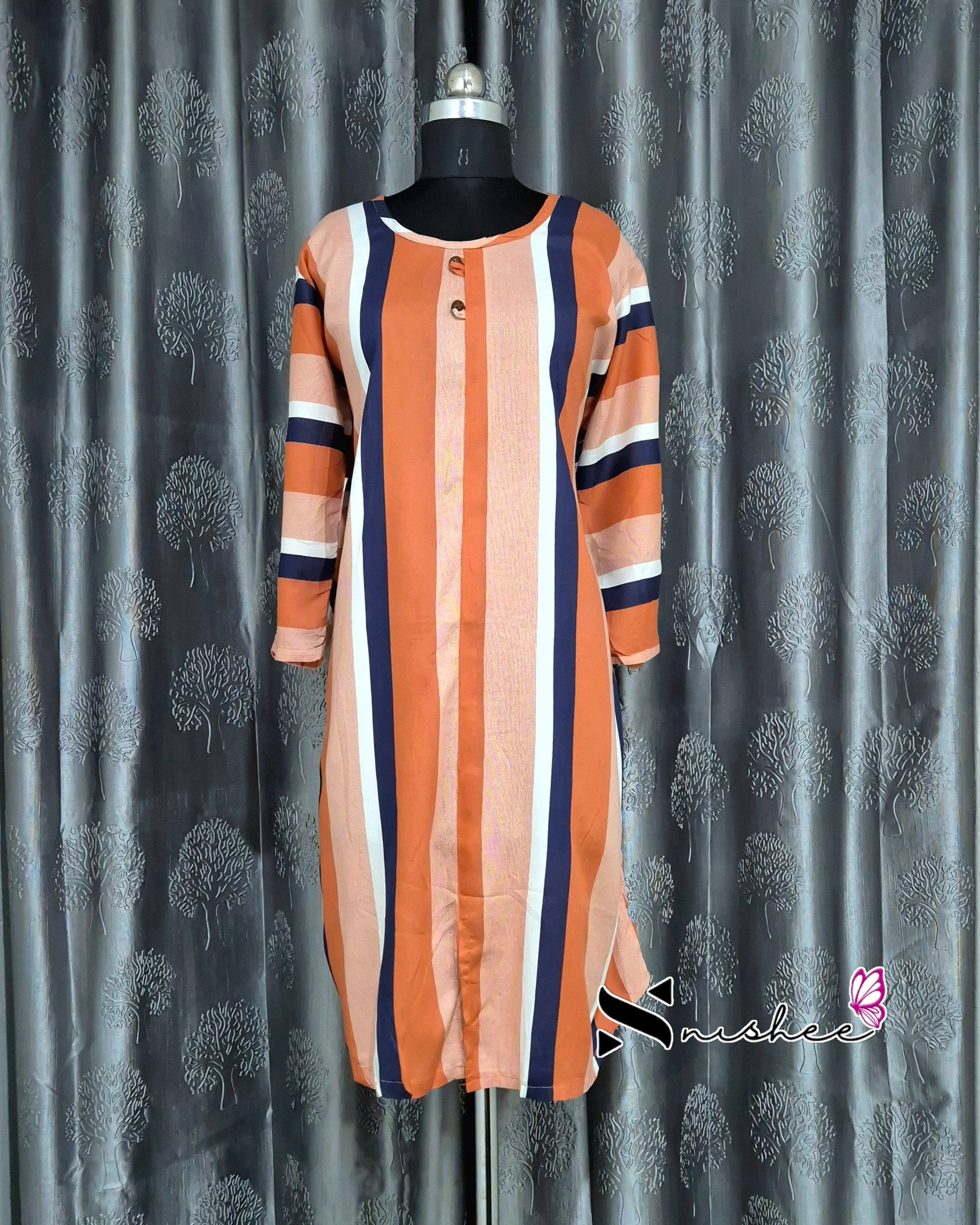Orange Striped A Line Plus Size Kurti