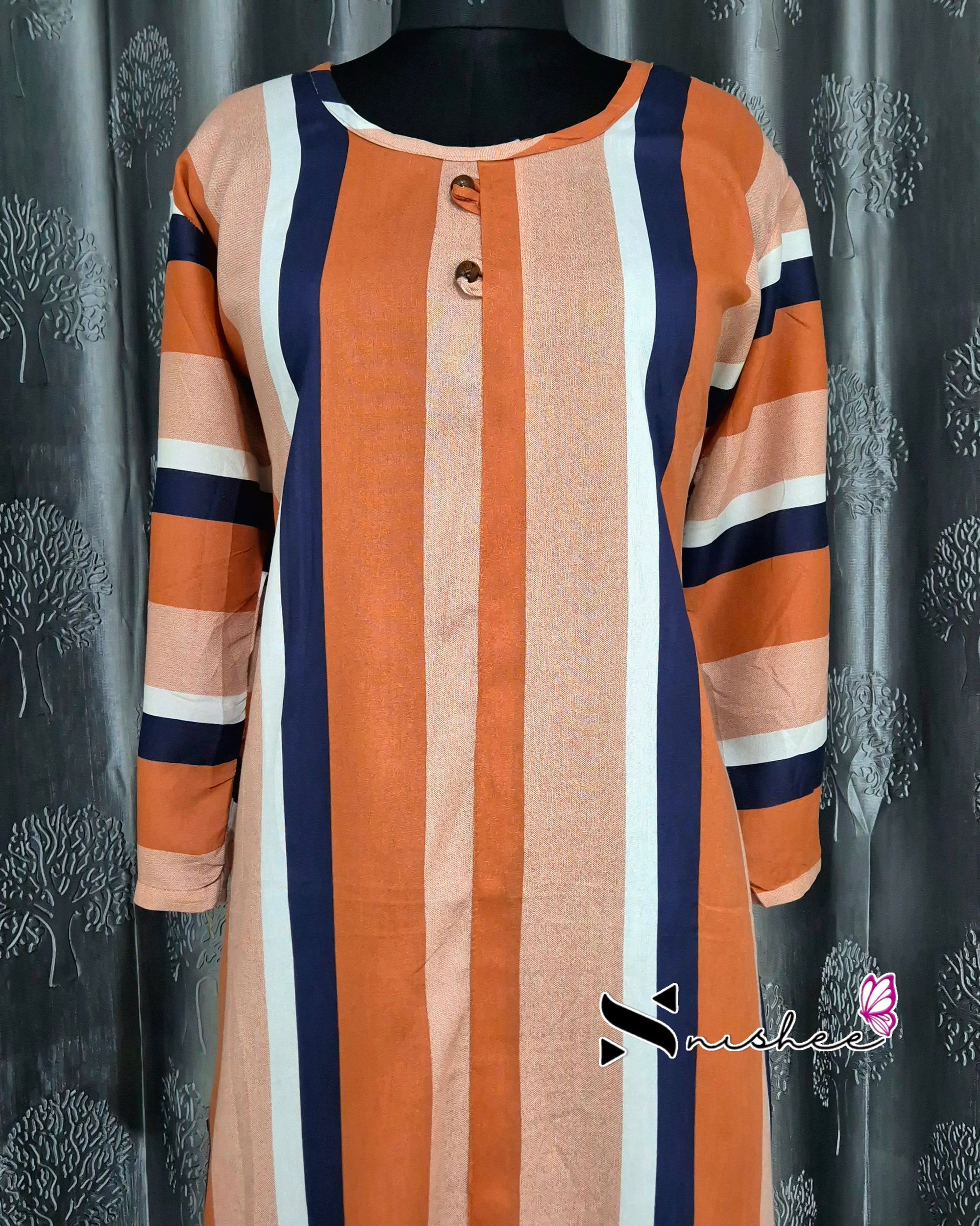 Orange Striped A Line Plus Size Kurti