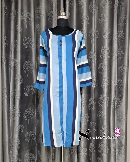 Teal Blue Striped A Line Plus Size Kurti