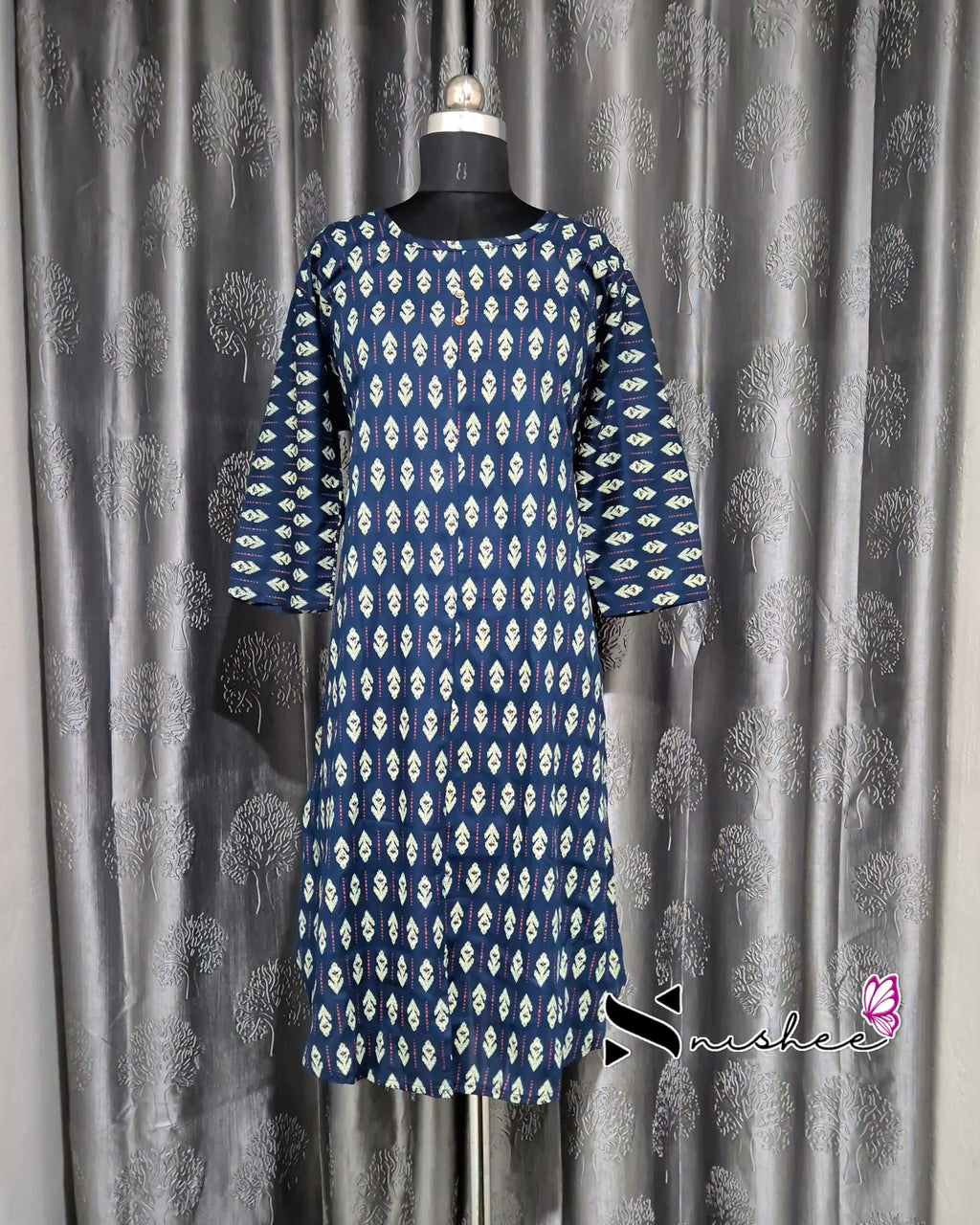 Navy Blue Motif Print A Line Plus Size Kurti