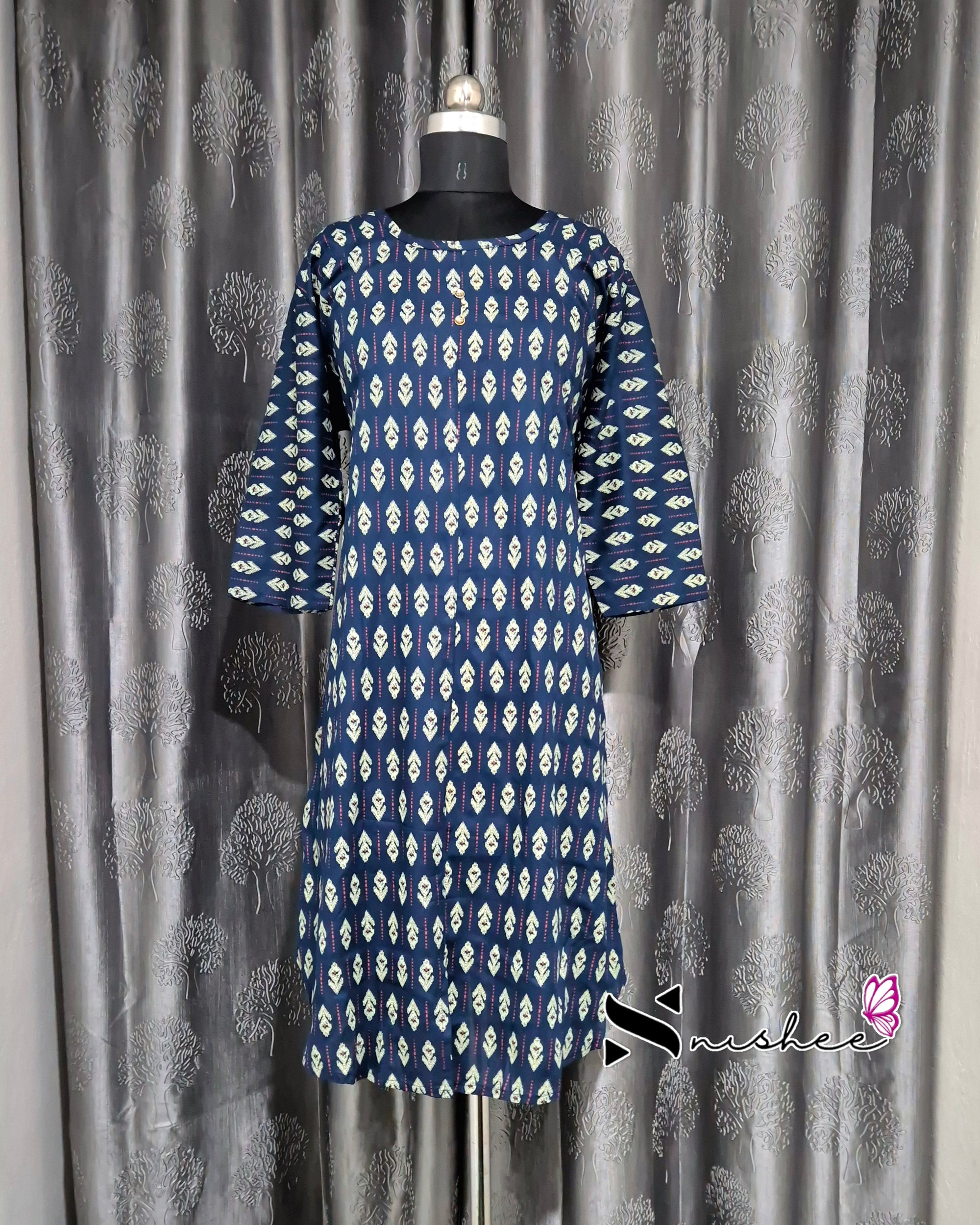 Navy Blue Motif Print A Line Plus Size Kurti